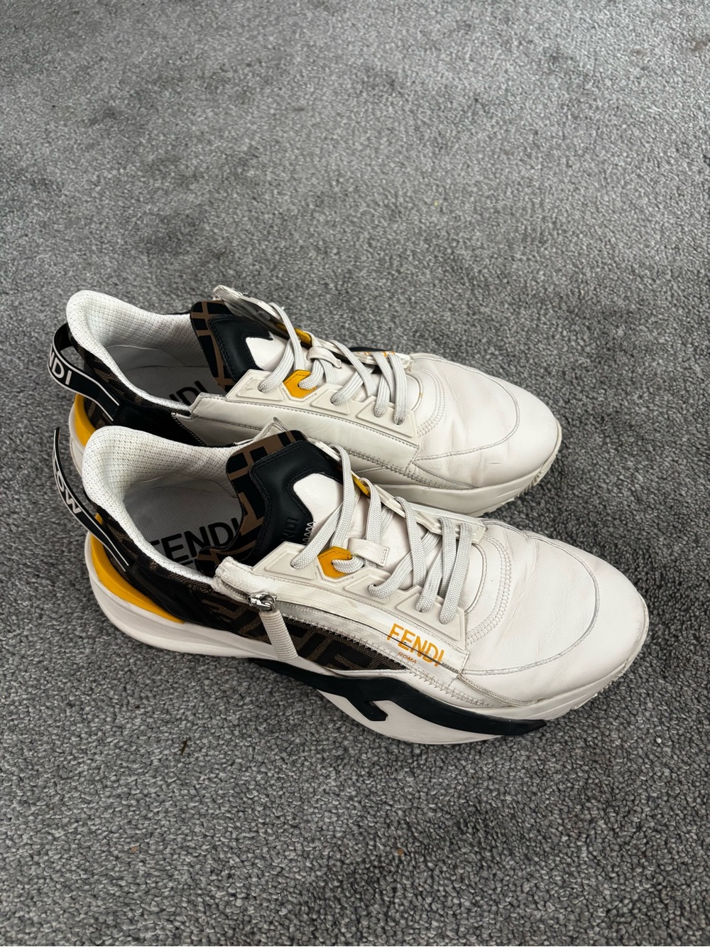 Fendi White Leather Sneakers with Black & Yellow Accents